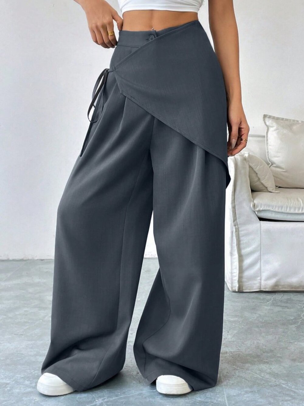 Dark Grey Casual Women's Lace-Up Wide-Leg Pants - Picture 6 of 7